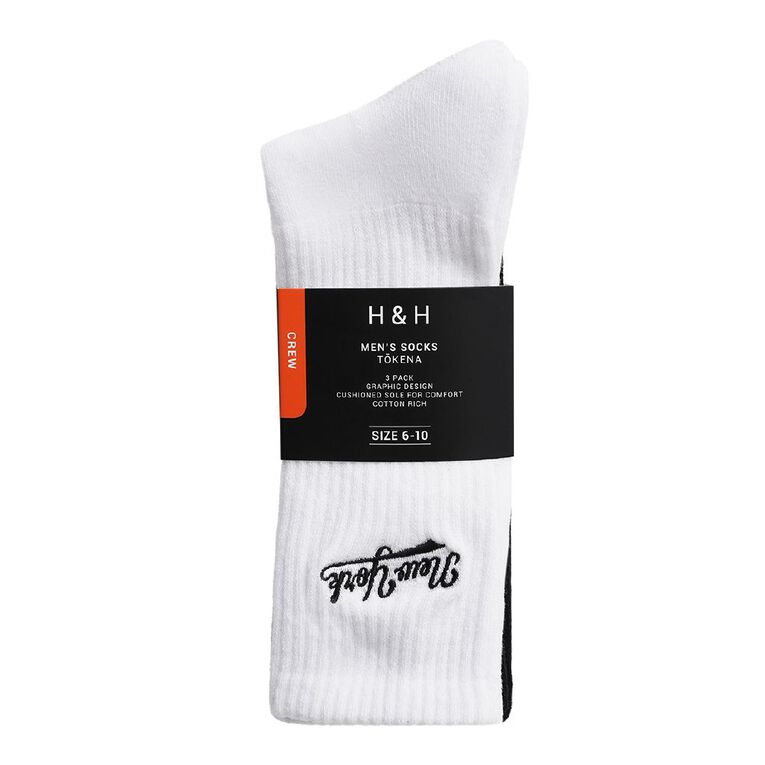 H&H Men's Graphic Crew Socks 3 Pack, Black/White, hi-res