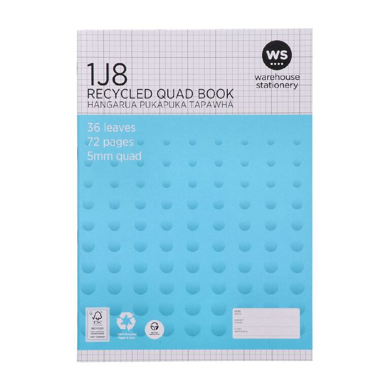 WS Exercise Book 1J8 5mm Quad 36 Leaf Blue, , hi-res