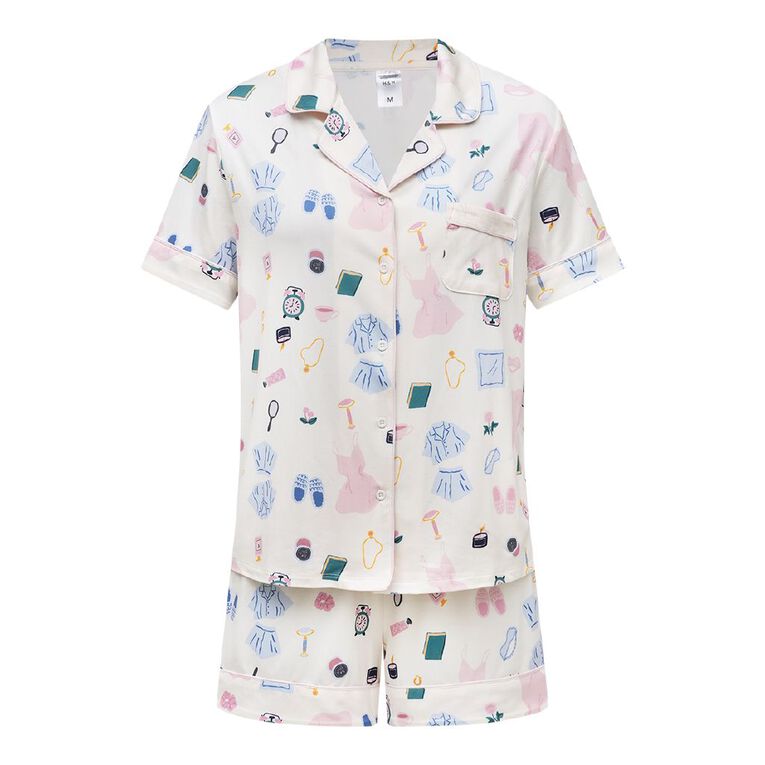 H&H Women's Comfy Button Up Short Sleeve Pyjama Set, Cream, hi-res