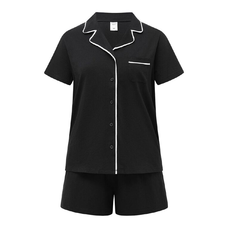 H&H Women's Button Up Short Sleeve Pyjama Set, Black, hi-res