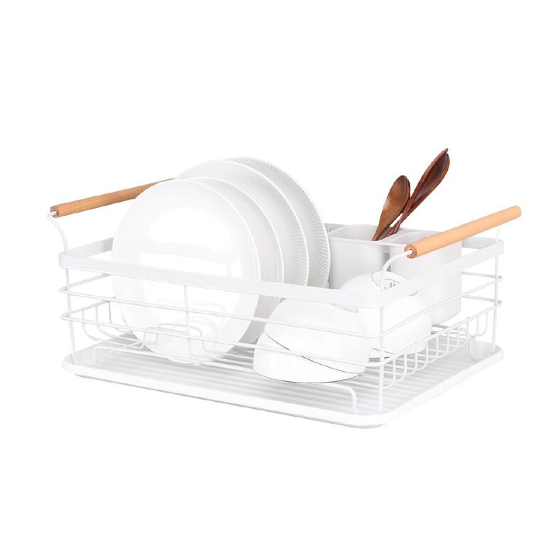 Living & Co Dish Rack with Wooden Handles White, , hi-res