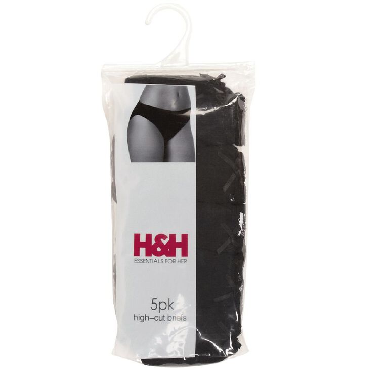H&H Women's Cotton Hi-cut Briefs 5 Pack, Black, hi-res