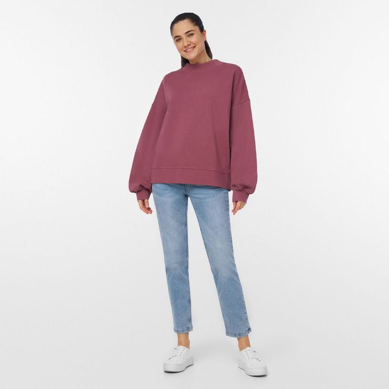 H&H Women's Balloon Sleeve Crew Sweatshirt, Pink Dark, hi-res