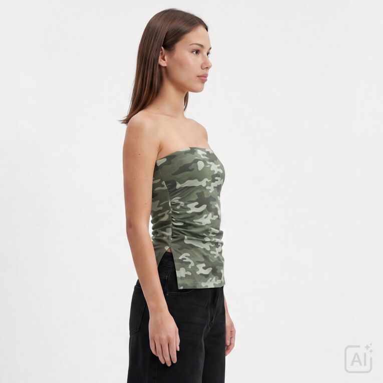 Garage Women's Contour Printed Ruched Bandeau, Green, hi-res
