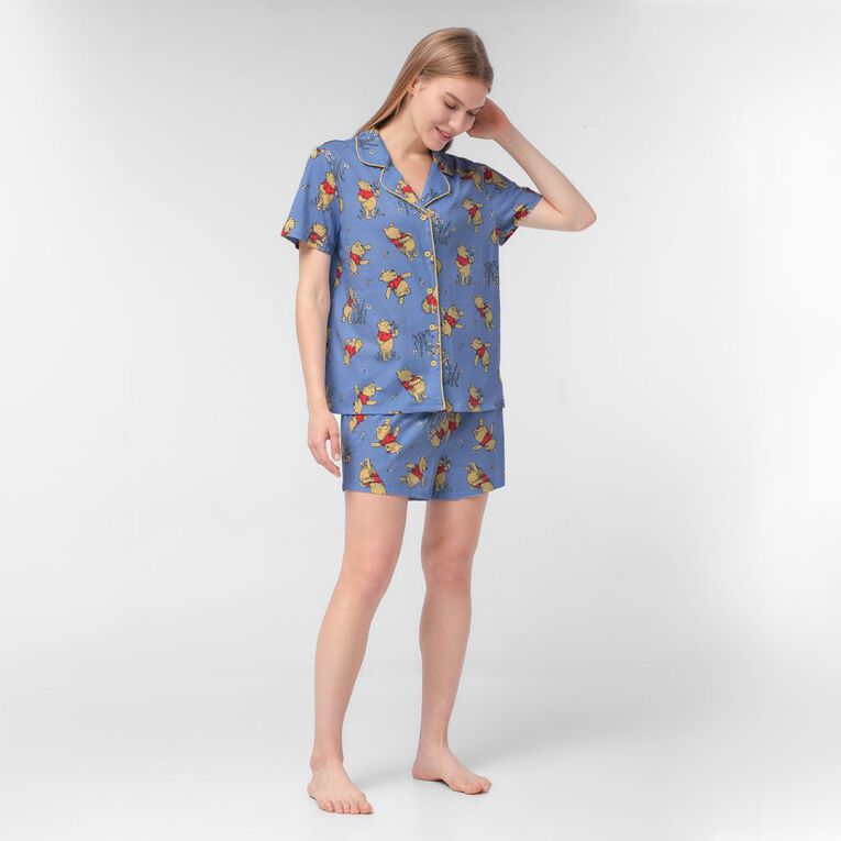 Winnie the Pooh Women's Button-Thru Top & Shorts Pyjama Set, Blue Light, hi-res