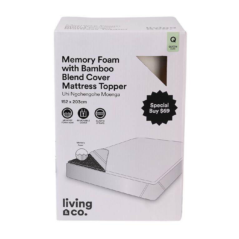 Living & Co Memory Foam Bamboo Blend Cover Mattress Topper White Queen, , hi-res