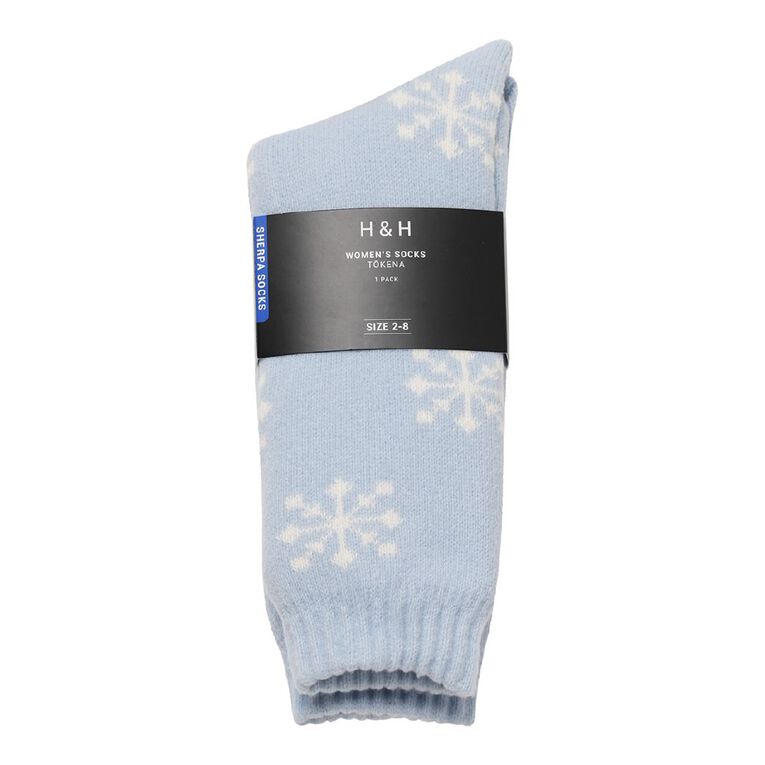 H&H Women's Super Soft Sherpa Bedsock 1 Pack, Blue/White, hi-res