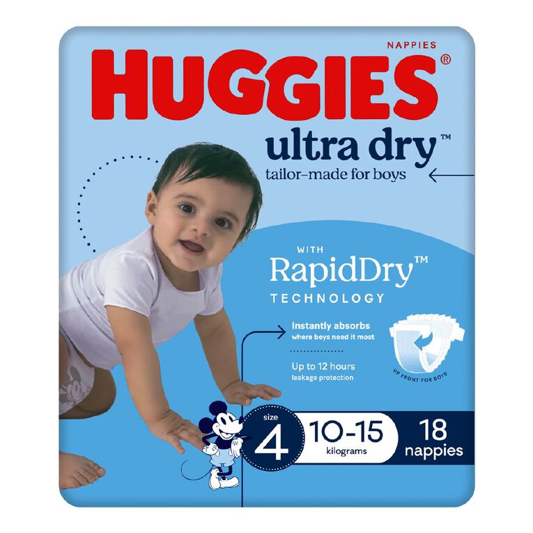Huggies Boys' Convenience Nappy Toddler Size 4 10-15kg 18 Pack, , hi-res