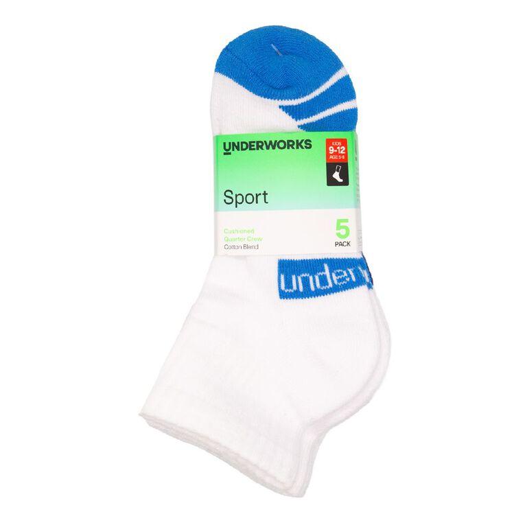 Underworks Kids' Quarter Crew Sport Socks 5 Pack, BWhite1, hi-res