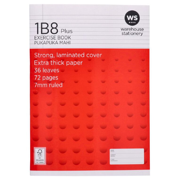 WS Exercise Book 1B8 Plus 7mm Ruled 36 Leaf Red, , hi-res