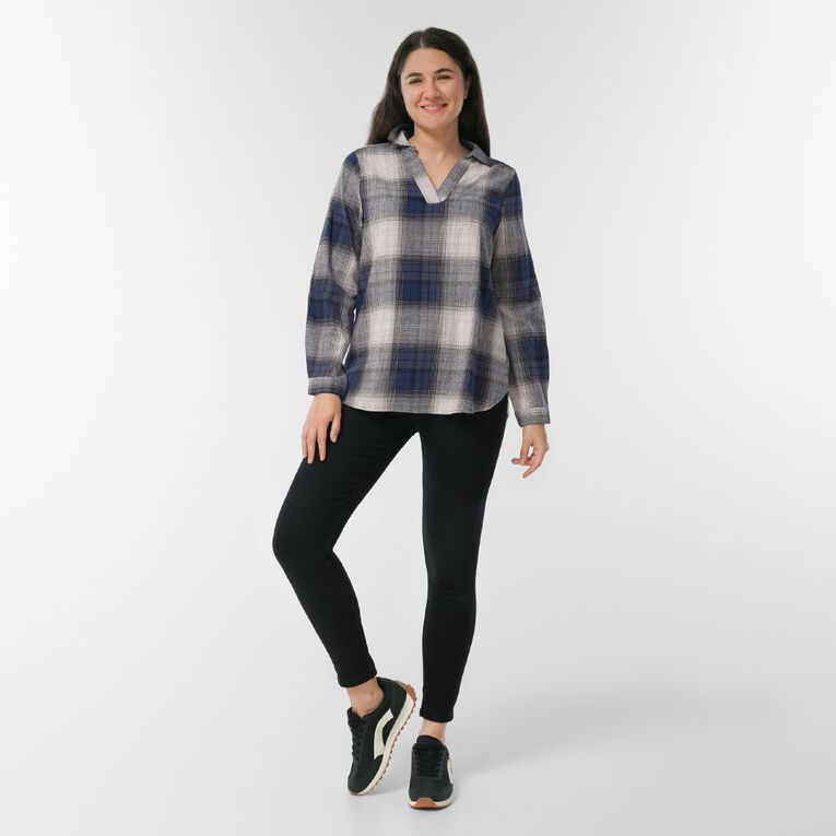H&H Women's Long Sleeve Check Popover Shirt, Navy, hi-res