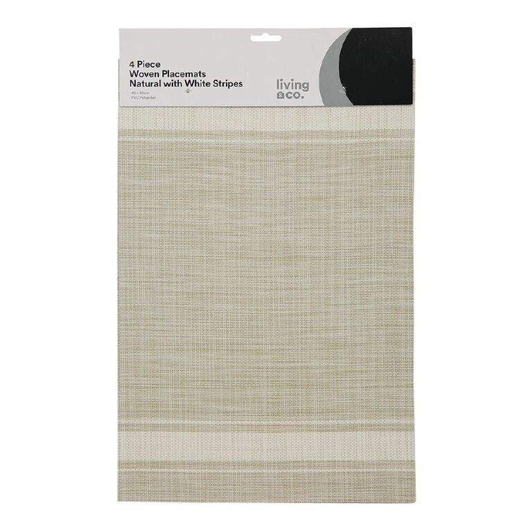 Living & Co Woven Placemat With White Stripe 4 Pack Natural 30cm x 40cm, , hi-res