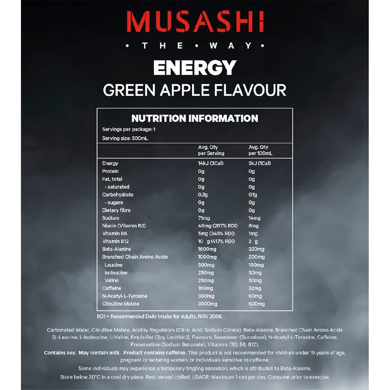 Musashi Energy Drink Green Apple 500ml The Warehouse