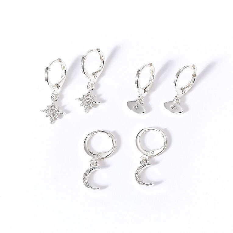 Silver Plated Earrings 3 Pairs, , hi-res