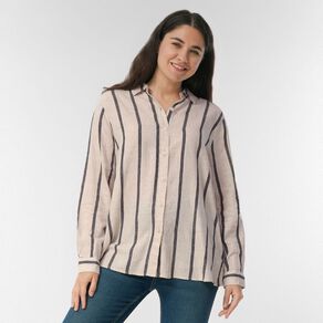 H&H Women's Long Sleeve Essential Linen Blend Stripe Shirt