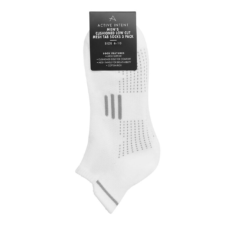 Active Intent Men's Cushioned Tab Low Cut Socks 3 Pack, White, hi-res