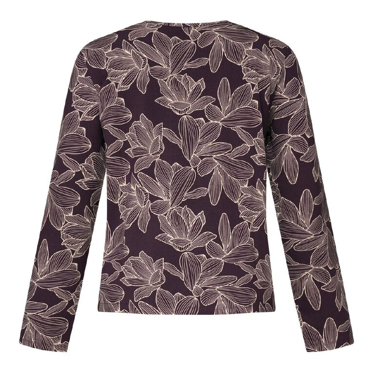 H&H Women's Long Sleeve Keyhole Print Top, Purple Dark, hi-res