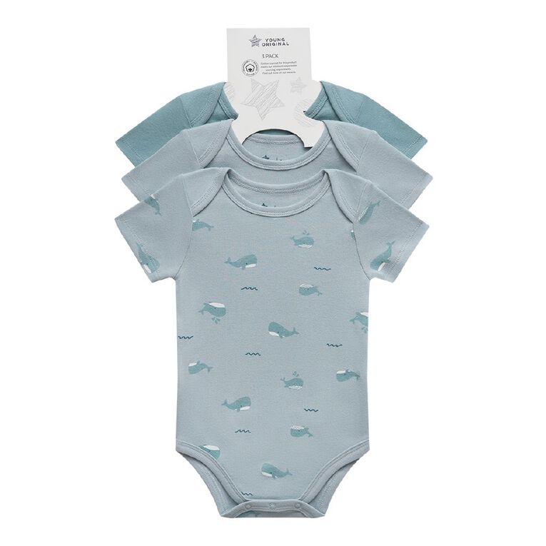 Young Original Babies' Short Sleeve Printed Bodysuit 3 Pack, Blue Light, hi-res