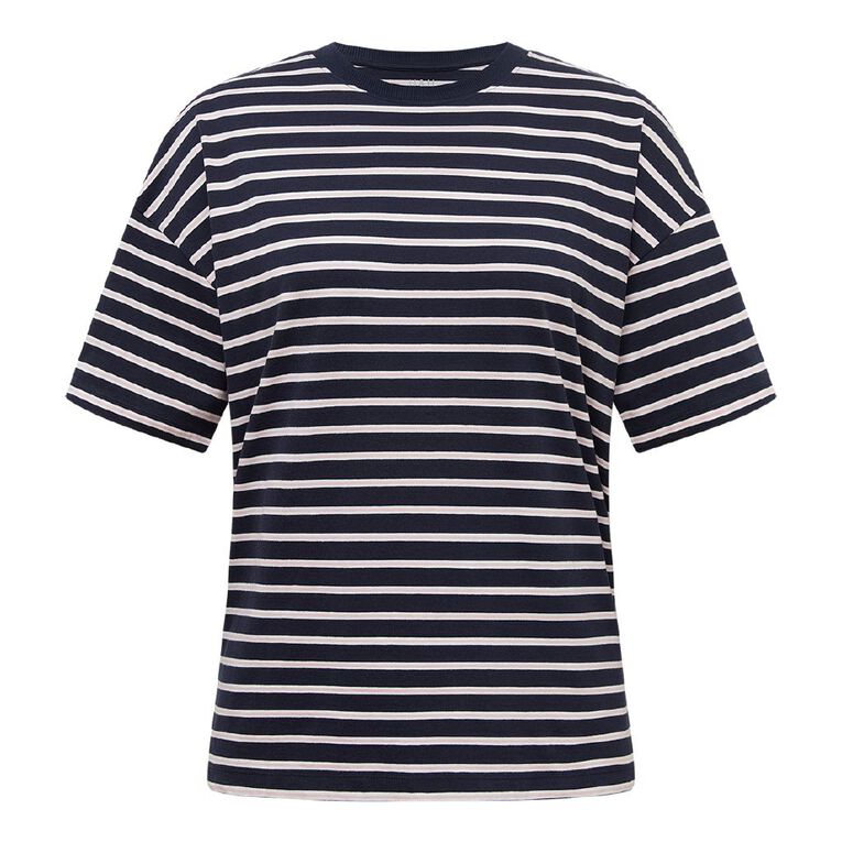 H&H Women's Oversized Boyfriend Stripe Tee, Navy, hi-res