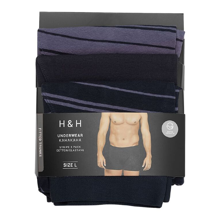 H&H Men's Stripe Fitted Trunks 3 Pack, Blue, hi-res