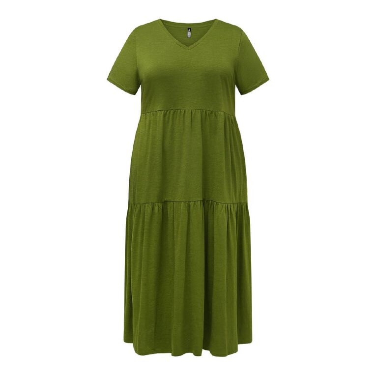H&H Curve Women's Short Sleeve Slub Tier Midi Dress, Green Mid, hi-res