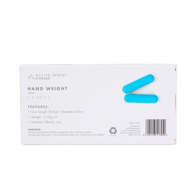 Active Intent Fitness Silicone Hand Weights 1.5kg Blue 2 Pack, , hi-res