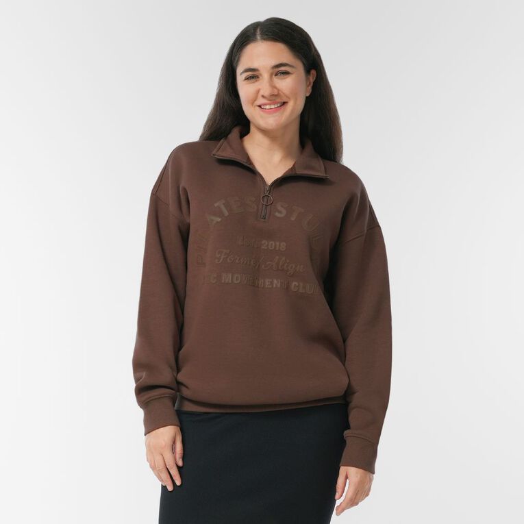 H&H Women's Long Sleeve Oversized BF 1/4 Zip, Brown Mid, hi-res