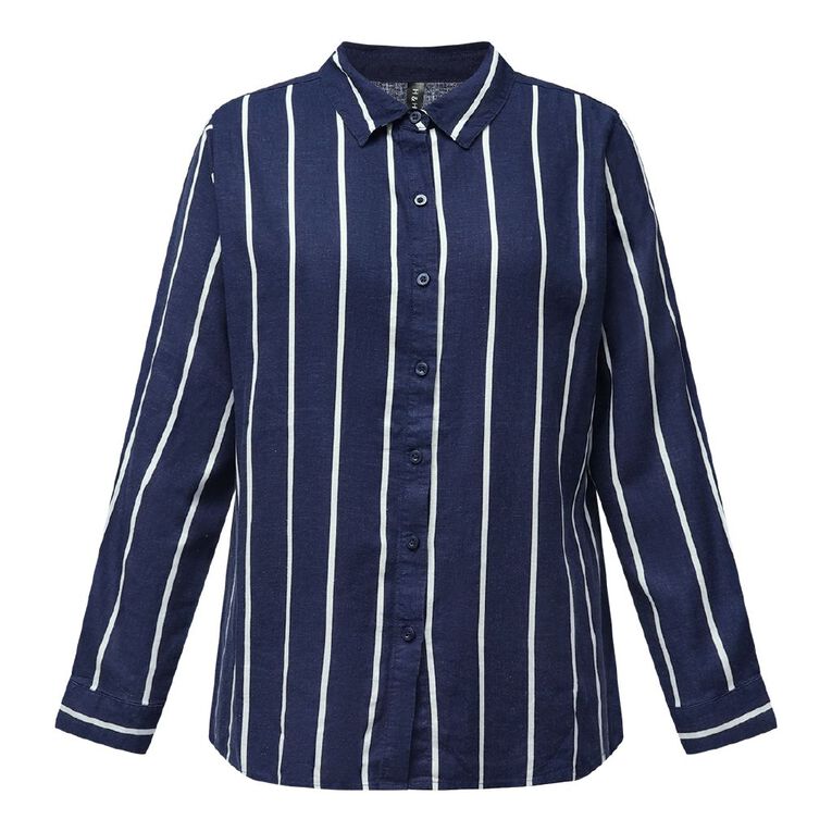 H&H Women's Long Sleeve Essential Linen Blend Shirt, Navy/White, hi-res