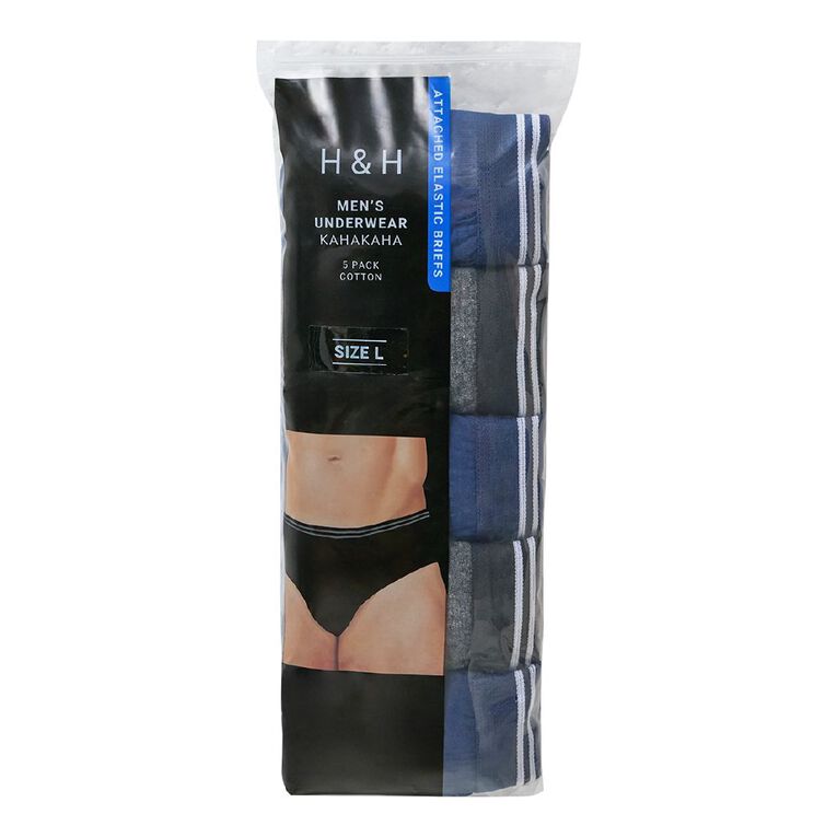 H&H Men's Attached Elastic Plain Briefs 5 Pack, Blue/Grey, hi-res