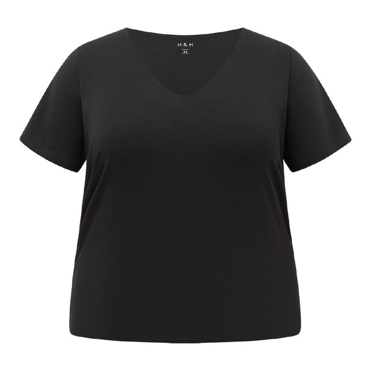 H&H Plus Plus Women's Short Sleeve V Neck Contour Tee, Black, hi-res