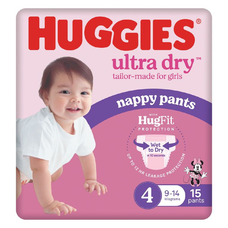 Huggies Ultra Dry Nappy Pants Toddler Girls' Size 4 9-14kg 15 Pack, , hi-res