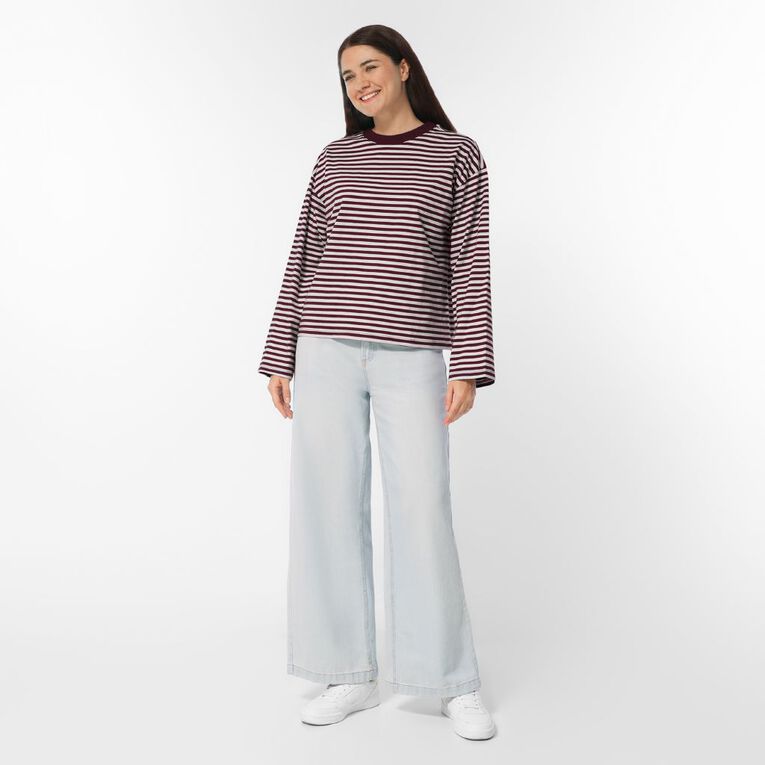 H&H Women's Long Sleeve Boxy Stripe Crew Neck Tee, Pink Light, hi-res