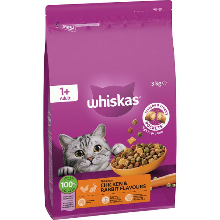 Whiskas Adult Dry Cat Food Chicken & Rabbit 3kg, , hi-res