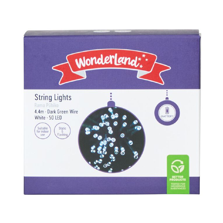 Wonderland Battery String Lights Dark Wire 50 LED White, , hi-res
