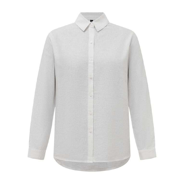 H&H Women's Long Sleeve Essential Linen Blend Shirt, White, hi-res