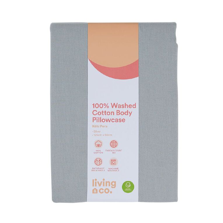 Living & Co 100% Washed Body Pillow Pillowcase Silver, , hi-res