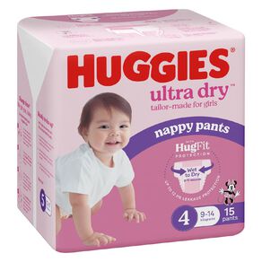 Huggies Ultra Dry Nappy Pants Toddler Girls' Size 4 9-14kg 15 Pack