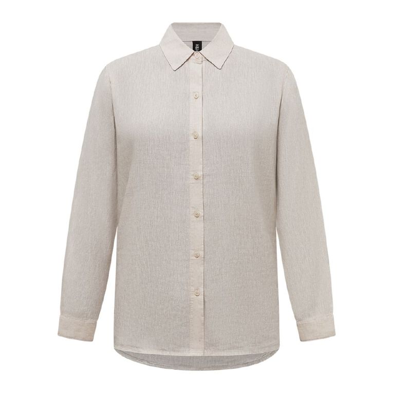 H&H Women's Long Sleeve Essential Linen Blend Shirt, Brown Light, hi-res