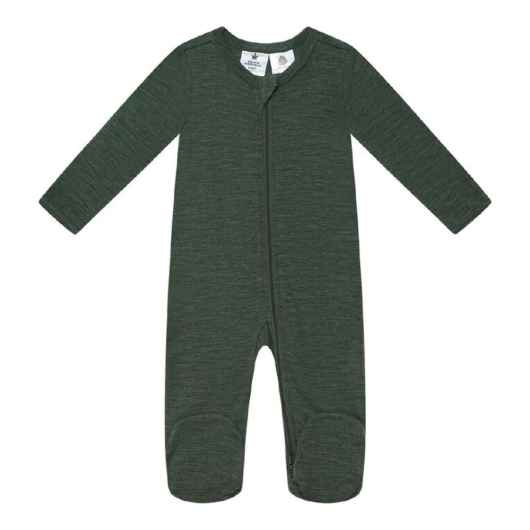 Young Original Babies' Merino Zip-Thru All-in-One, Green Dark, hi-res
