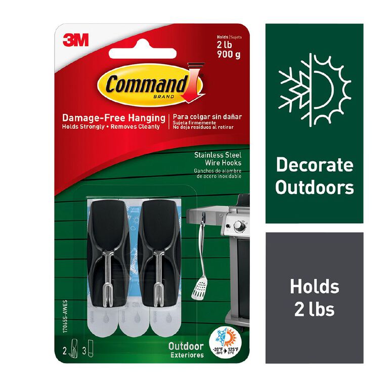 Command Outdoor Stainless Steel Wire Hooks 2 Hooks and 3 Strips Pack, , hi-res