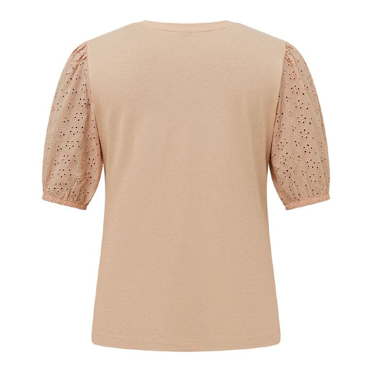 H&H Women's Broderie Sleeve Tee, Pink Light, hi-res