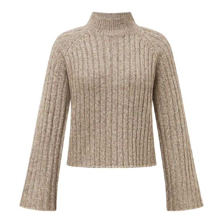 H&H Women's Oversized Crop Box Funnel Knit Jumper, Brown Mid, hi-res