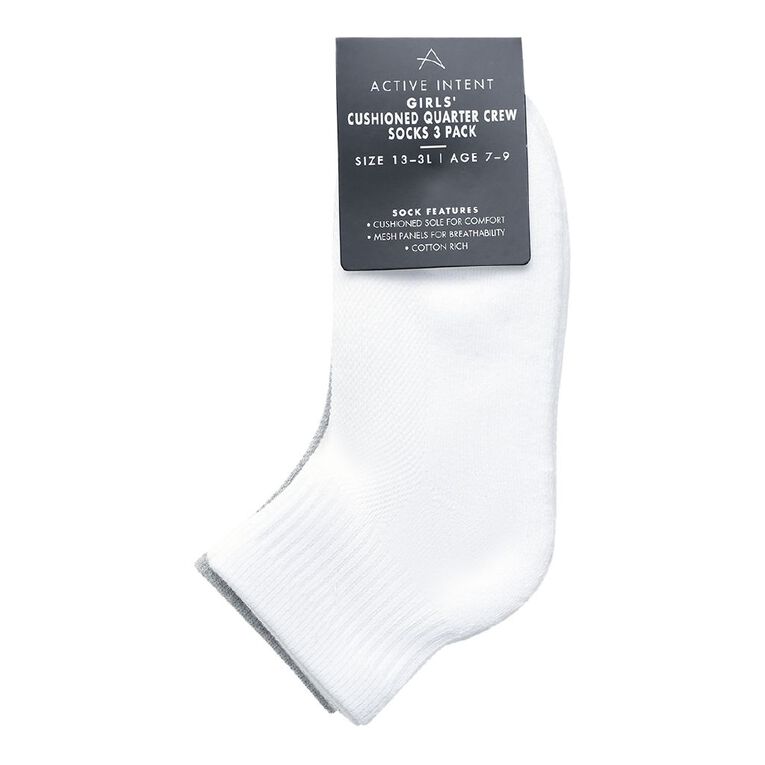 Active Intent Girls' Cushioned Quarter Crew Socks 3 Pack, White, hi-res