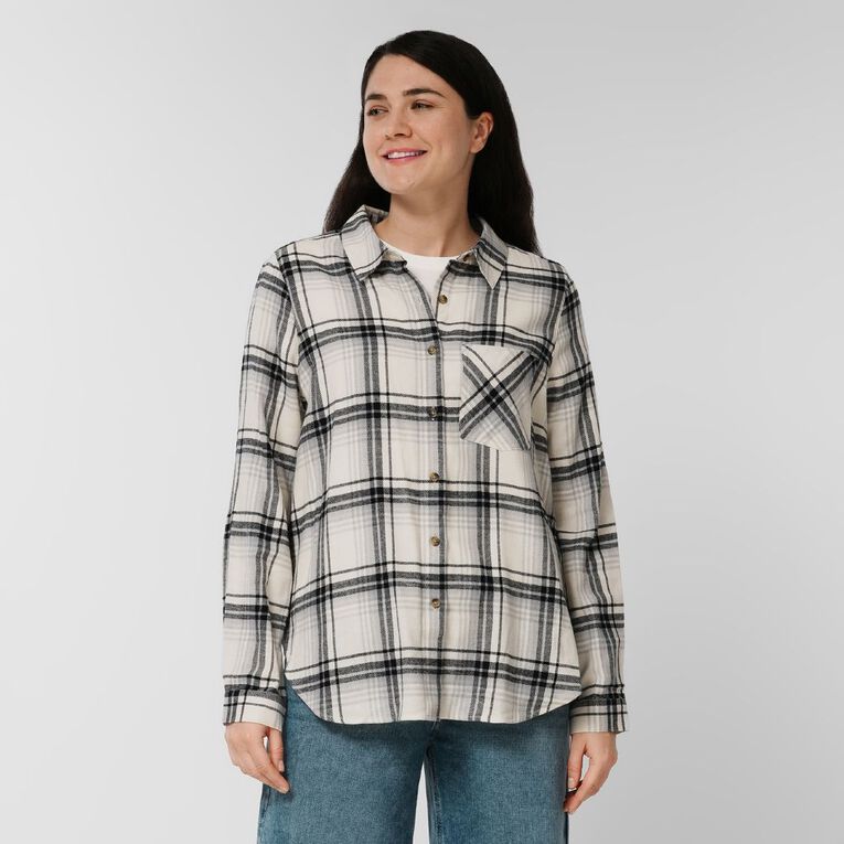 H&H Women's Long Sleeve Flannel Check Shirt, White/Blue, hi-res