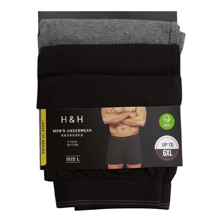 H&H Men's Loose Knit Boxers 3 Pack, Black, hi-res