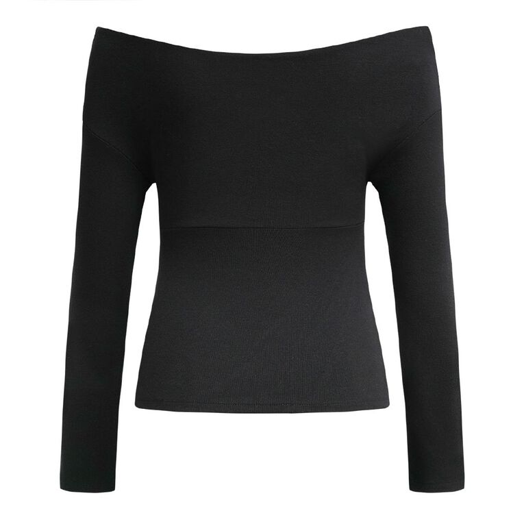 H&H Women's Long Sleeve Ribbed Ruched Off Shoulder Top, Black, hi-res