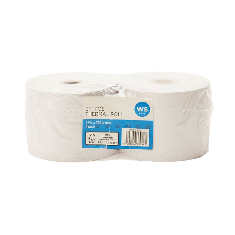 WS Eftpos Roll Thermal 57mm x 75mm 65gsm 2 Pack, , hi-res