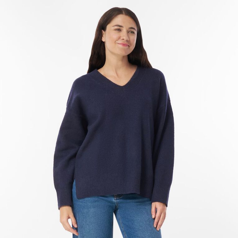 H&H Women's Relaxed V Neck Jumper, Blue Mid, hi-res