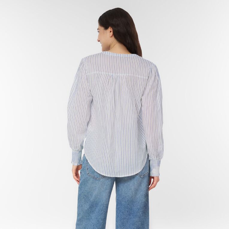 H&H Women's Long Sleeve Shirred Shoulder Top, Blue Mid, hi-res