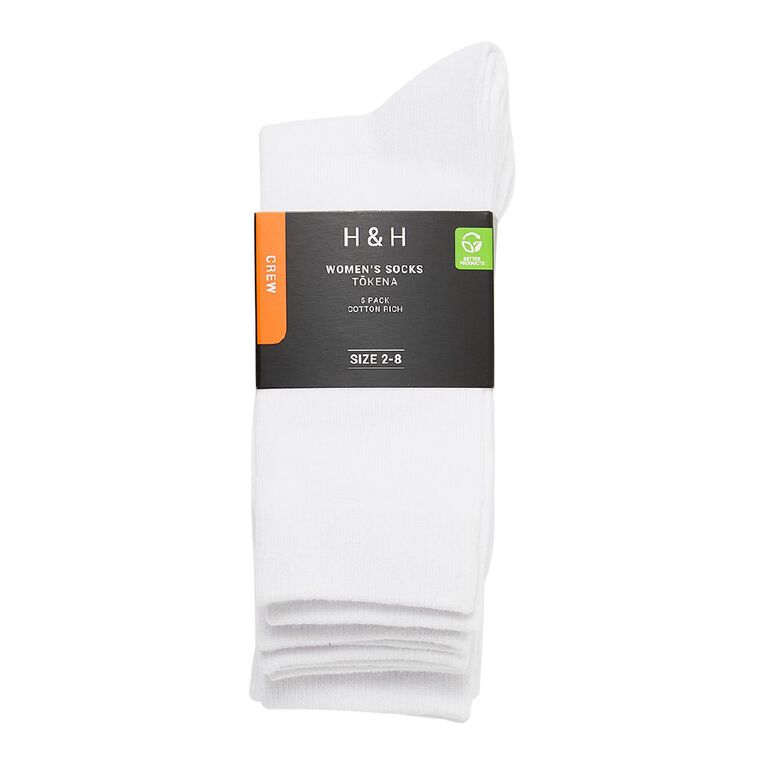 H&H Women's Plain Crew Socks 5 Pack, White, hi-res